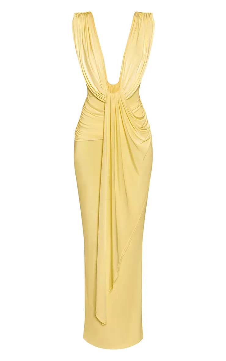 Lemon Double Layer Slinky Plunge Drape Maxi Dress | PrettyLittleThing UK