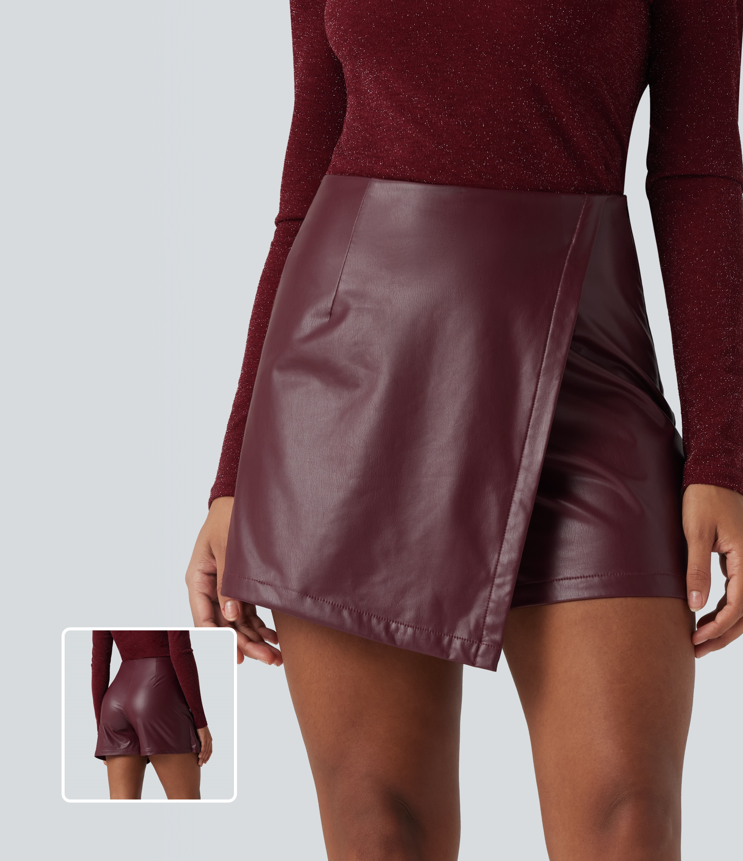 Halara High Waisted Mini Fleece Casual PU Leather Skort  - Red Mahogany - XS(regular) | HALARA