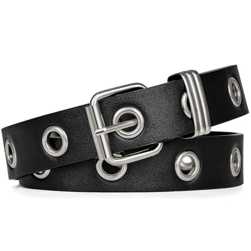 FIORETTO Single Grommet Leather Belt Women Men Punk Rock Waist Belts for Jeans Pants Single Holes Black-Silver | Amazon (US)
