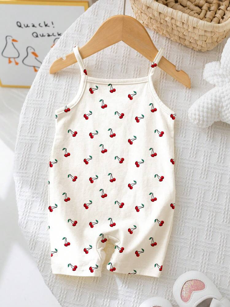 SHEIN Happikins Cream-White Cute Mini Cherry Print, Baby Girl Casual Strap Romper Suitable For Sp... | SHEIN