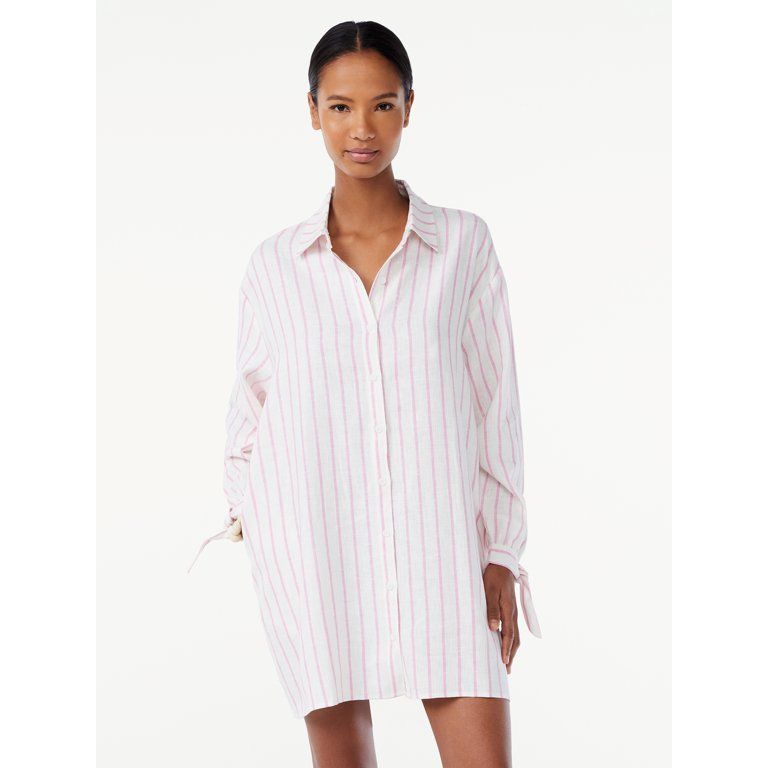 Scoop Women's Linen Blend Shirt Dress with Tie Sleeve Cuffs | Walmart (US)