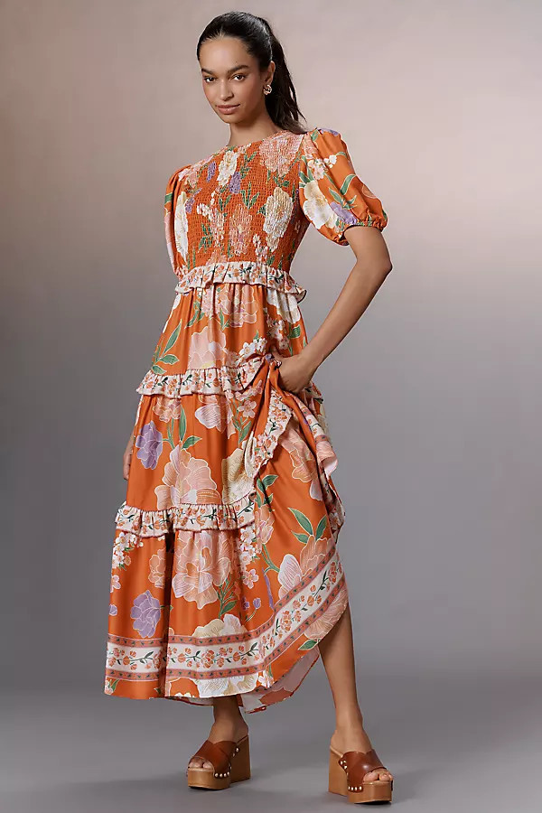 Short-Sleeve Crew-Neck Tiered A-Line Maxi Dress | Anthropologie (US)