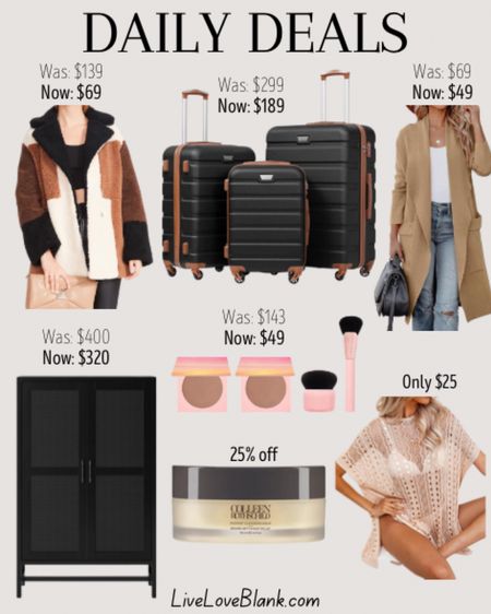 Daily deals 
Steve Madden jacket save $70
Tarte face and bronzer save $94!!
Colleen Rothschild best sellers 25% off with code BESTSELLERS
3 piece luggage set 37% off
Amazon long cardigan with pockets under $50
Swimsuit coverup only $25
Library cabinet from target save 20%

#LTKFind #LTKsalealert #LTKtravel