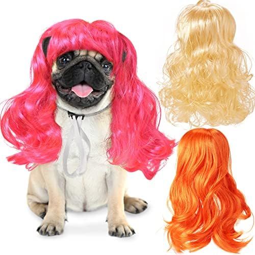3 Pieces Pet Wigs Cats and Dogs Wigs Funny Cosplay Pet Headwear Dog Cat Wigs in Pink Orange Gold wit | Amazon (US)