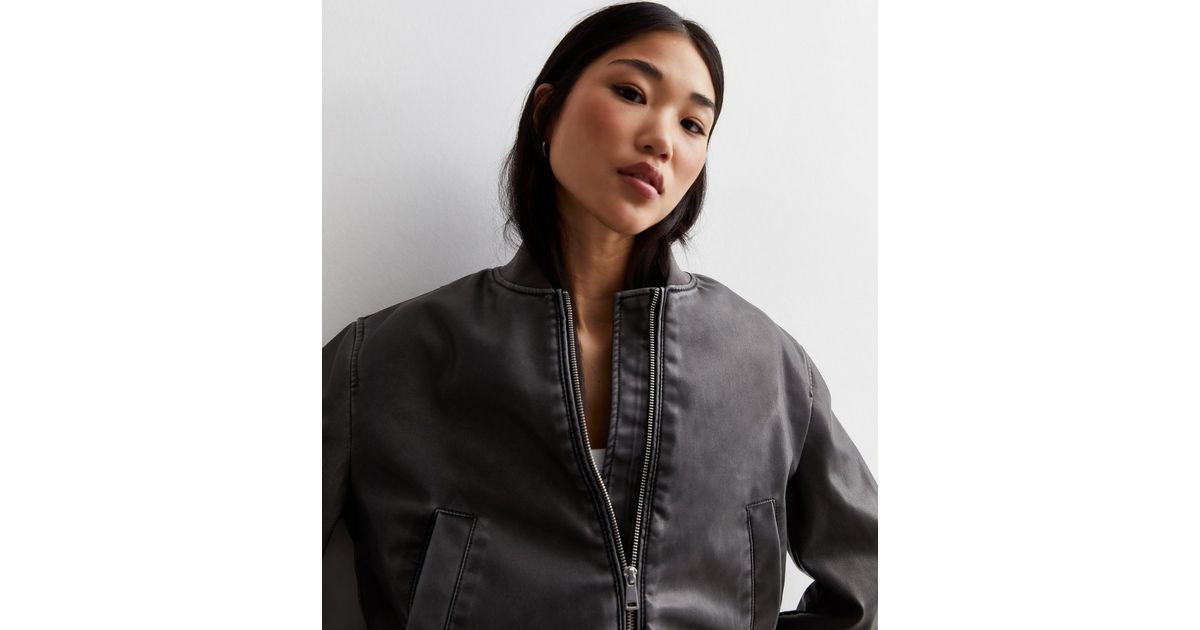 Black Wash Leather-Look Bomber Jacket
						
						Add to Saved Items
						Remove from Saved Ite... | New Look (UK)