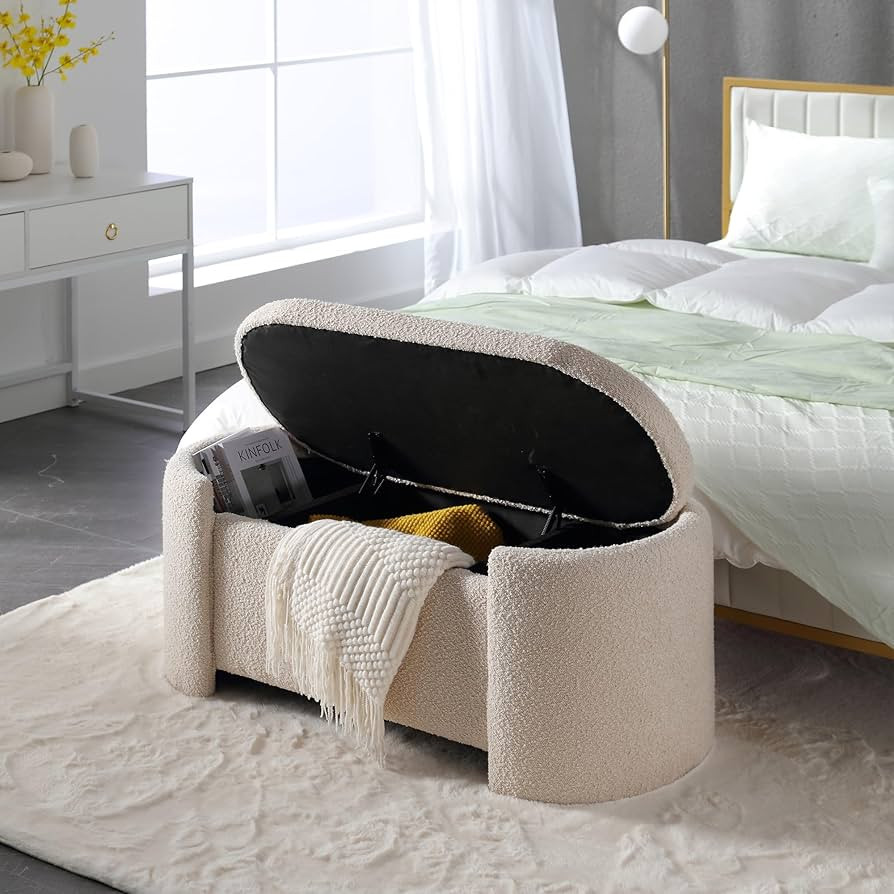 White Boucle Storage Ottoman Bench- Modern Wooden Indoor Upholstered Storage Bench End of Bed Sto... | Amazon (US)