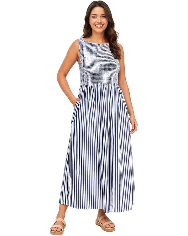 Women Spaghetti Strap Smocked Maxi Dresses Flowy Striped Summer Vacation Dress A-Line Beach Sundr... | Amazon (US)