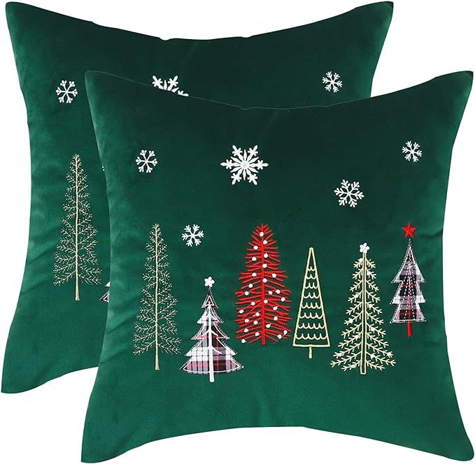 Tosleo Christmas Embroidery Throw Pillow Covers 18x18 inch Set of 2 Christmas Dec Velvet Pillowca... | Amazon (US)