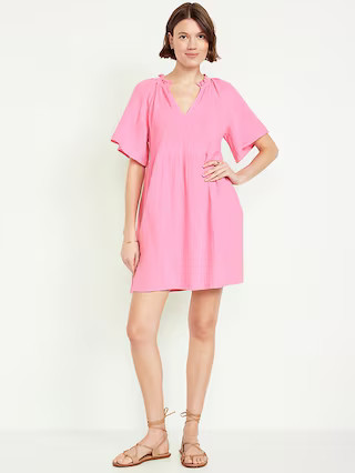 Split-Neck Crinkle Gauze Mini Swing Dress | Old Navy (US)