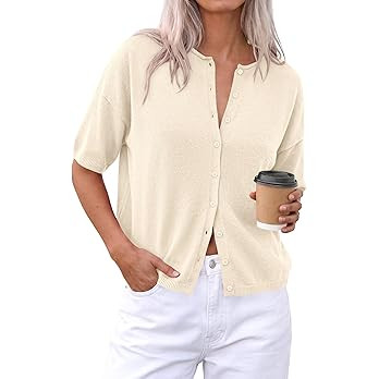 PRETTYGARDEN Women Spring Short Sleeve Cardigan Sweaters Button Down Knit Shirt Blouse Dressy Cas... | Amazon (US)