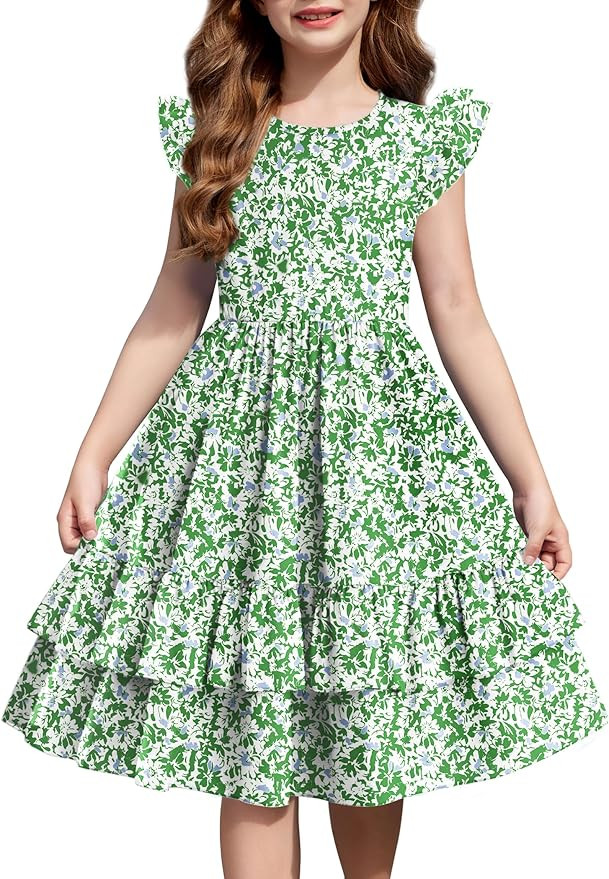 Arshiner Girls Dress Tween Boho Flutter Sleeve Tiered A Line Summer Dresses with Pockets | Amazon (US)