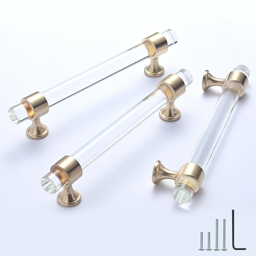Goldenwarm Acrylic Cabinet Pull Kitchen Hardware Drawer Pulls Brushed Brass Cupboard Door Handles 7- | Amazon (US)