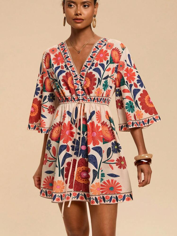 SHEIN TRVLCHIC V-Neck 3/4 Sleeve Printed Loose Mini Dress For Women,Summer Outfits For Women,Beac... | SHEIN