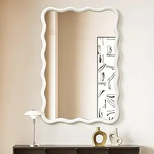 White Wavy Mirror Solid Wood- Squiggly Mirror Vanity Modern Wall Decor for Bathroom, Bedroom, Liv... | Amazon (US)