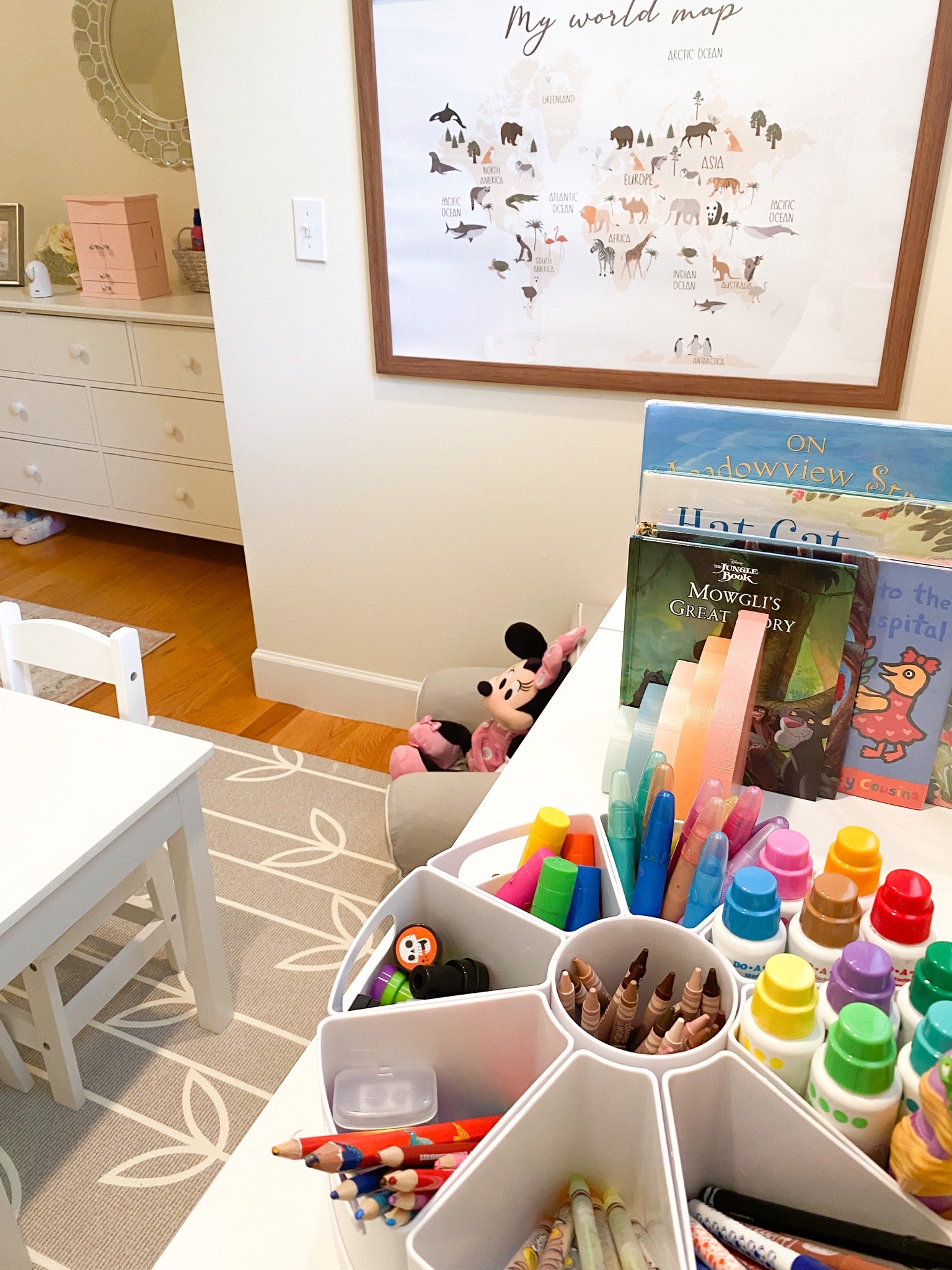 Playroom, toy organization, arts and crafts organizer, kids room decor, neutral play mat, neutral play space, wall map for kids, little girls room, girl room decor, play area

#LTKkids #LTKhome