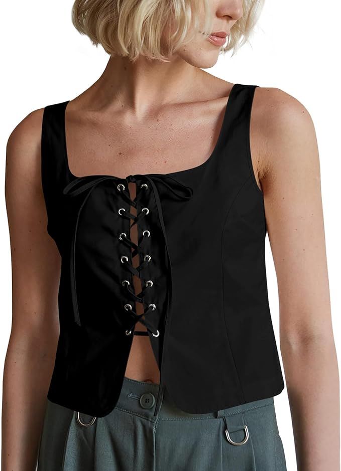 Imily Bela Womens Lace Up Tank Tops Square Neck Split Hem Cropped Sleeveless Shirts | Amazon (US)