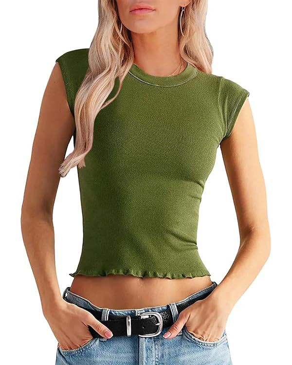 Dailiup Women's Cap Sleeve Crop Tops Ribbed Round Neck Basic Tees Short Sleeve Summer Cropped T-S... | Amazon (US)