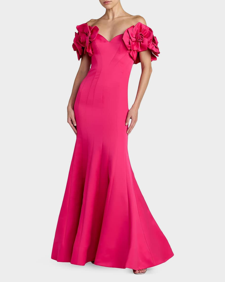 Mac Duggal Embellished Satin Off-Shoulder Trumpet Gown | Neiman Marcus