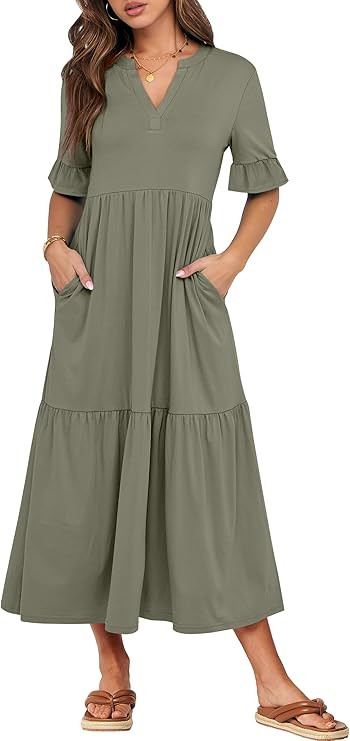 ANRABESS Women's Casual Summer Ruffle Short Sleeve T Shirts Maxi Dress 2025 Spring V Neck Flowy T... | Amazon (US)