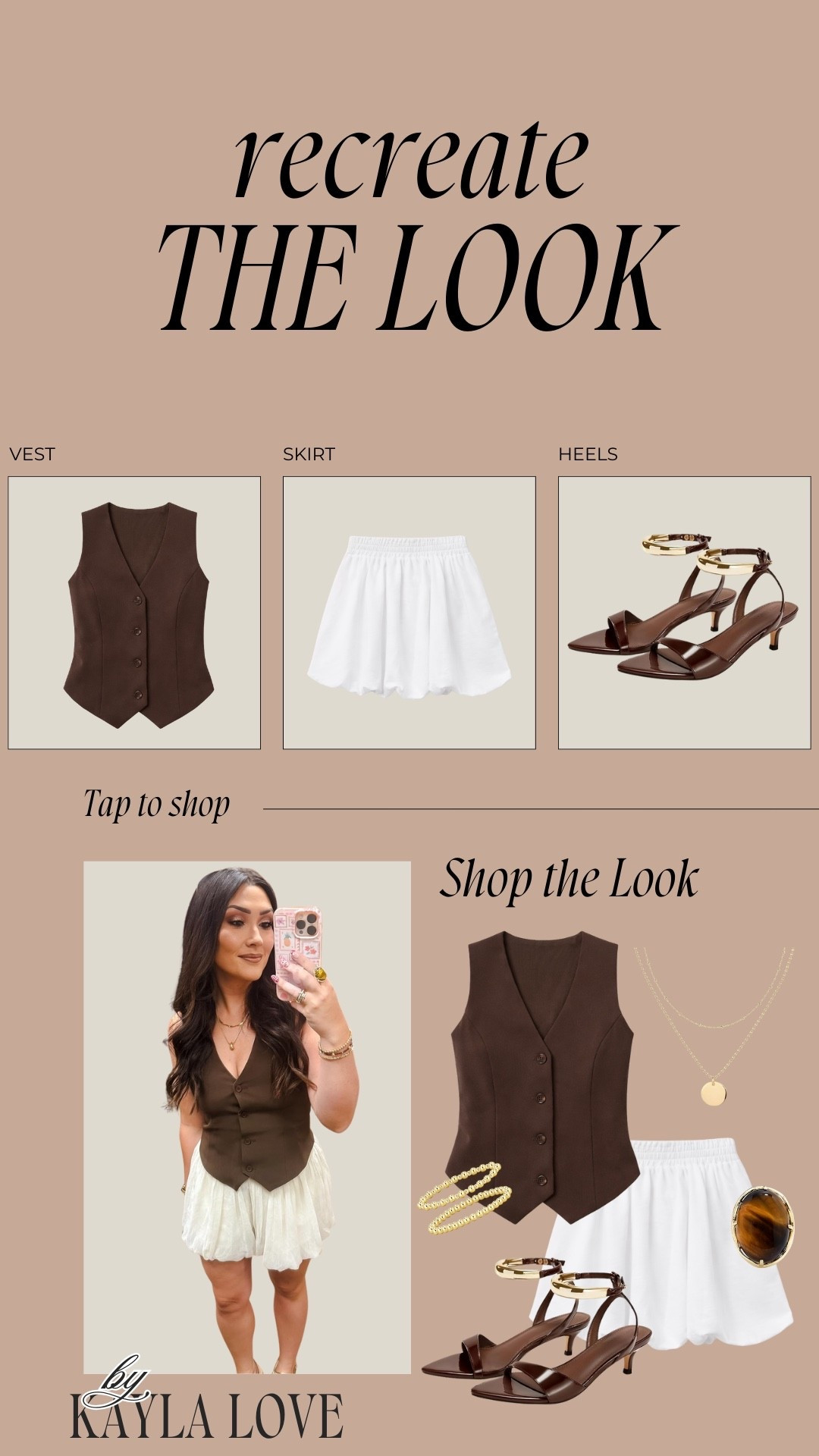 A simple look that you can easily recreate for under $100! All of these pieces are from Amazon. A brown vest paired with a white skirt, gold accessories, and brown kitten heels! 

#LTKgrwm #LTKPetite #LTKBeauty