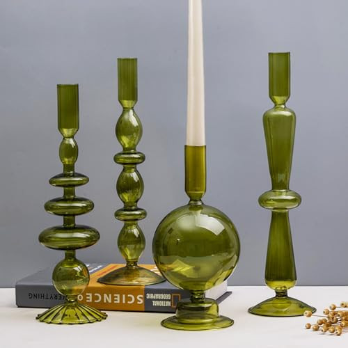 Amanman Candle Stick Candle Holder, Glass Candle Holders for Table Centerpiece, Modern Style Green Candle Holder Mixed 4pcs | Amazon (US)