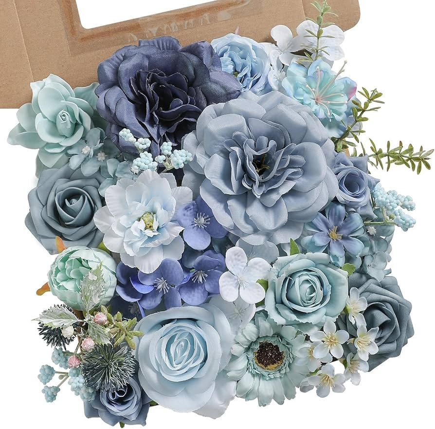 Artificial Flowers Combo Box Blue Flowers Silk Fake Roses with Stems for DIY Wedding Bridal Bouqu... | Amazon (US)