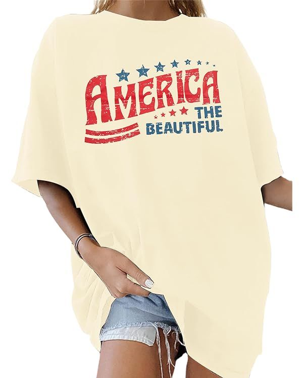 4th of July Tops Women USA Oversized Shirts American Flag T-Shirt Patriotic Shirt Casual Short Sl... | Amazon (US)