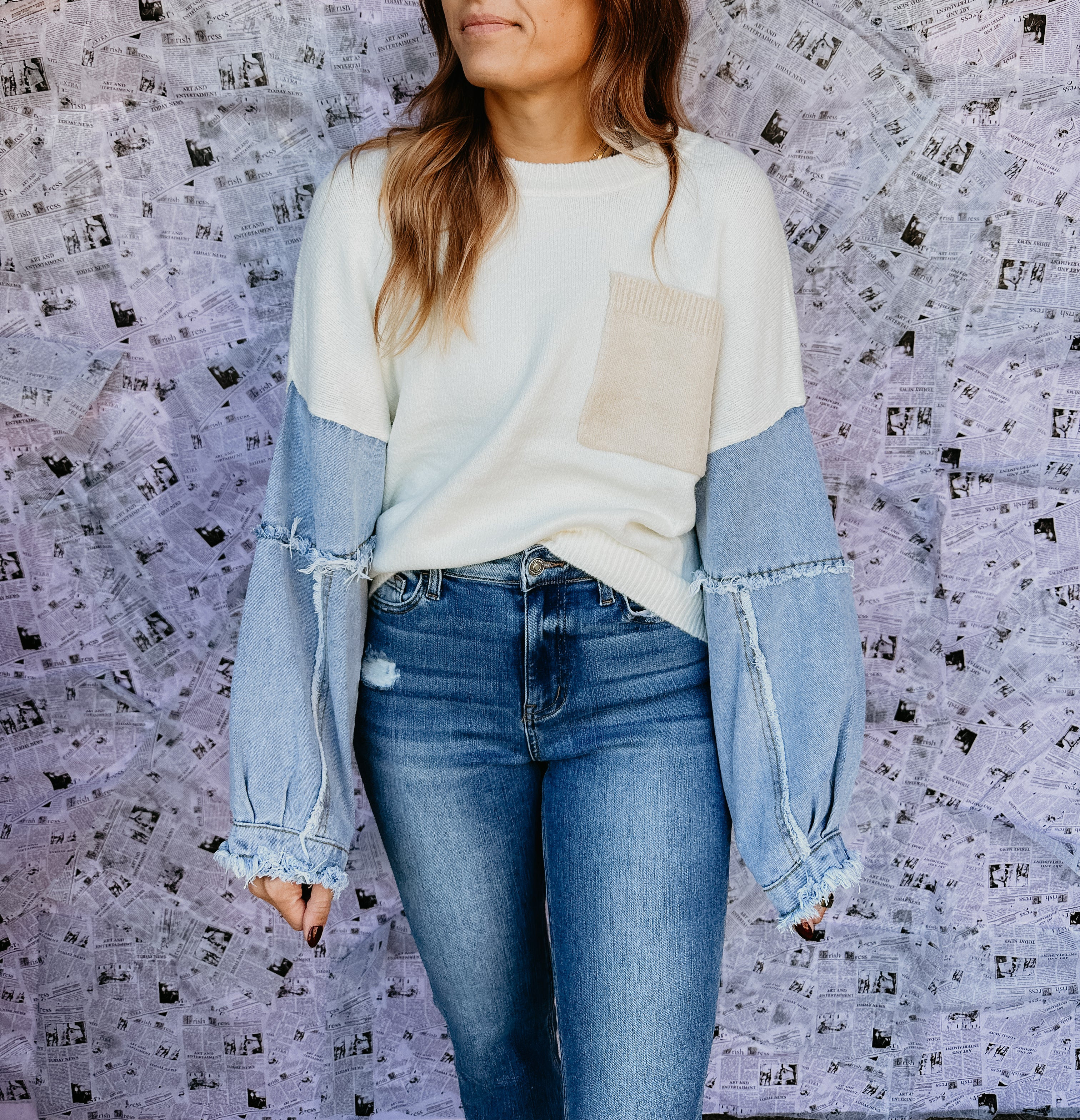 Denim Sleeve Colorblock Sweater small/medium | Quotes and Cotton