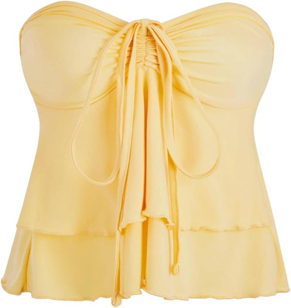 Milumia Women Tie Front Ruched Tube Tops Y2k Ruffle Going Out Halter Tops | Amazon (US)