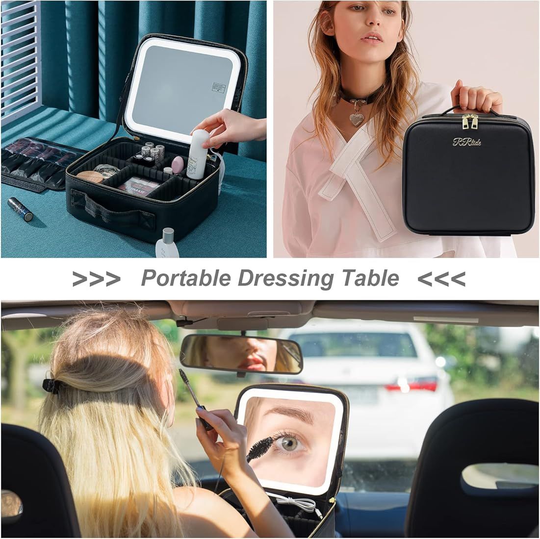 RRtide Travel Makeup Bag with Mirror of LED Lighted, Makeup Train Case with Adjustable Dividers, ... | Amazon (US)