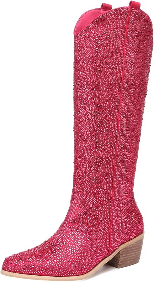Rhinestone Boots for Women, Knee High Cowboy Boots Pointed Toe Chunky Heel Sparkly Cowgirl Boots ... | Amazon (US)
