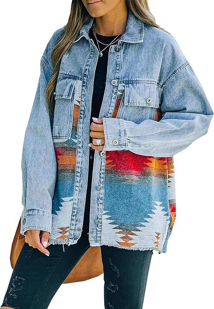 Megfie Loose Casual Frayed Washed Womens Aztec Denim Jacket Long Sleeve Lapel Aztec Denim Shacket... | Amazon (US)