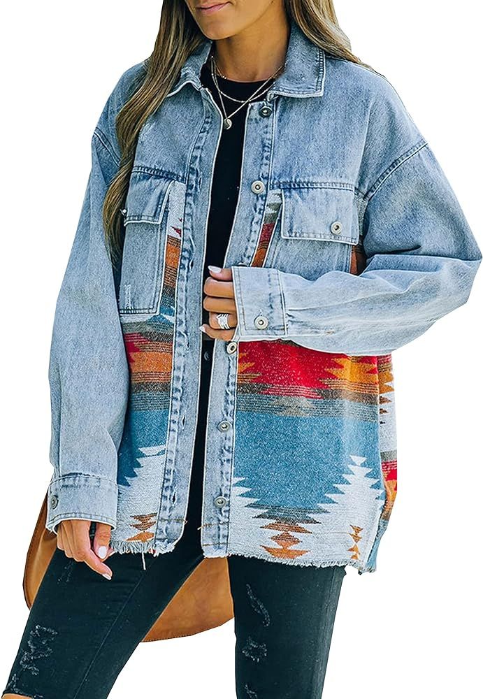 Megfie Loose Casual Frayed Washed Womens Aztec Denim Jacket Long Sleeve Lapel Aztec Denim Shacket... | Amazon (US)