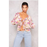 Stone Sheer Plisse Tie Front Flute Sleeve Blouse | PrettyLittleThing US