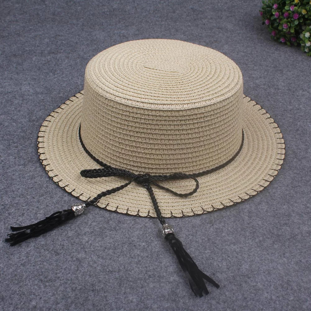 Women Sun Cap Straw Hat Boater Hat Wide Brim Bow Tassel Flat Summer Panama Beach Hat | Walmart (US)