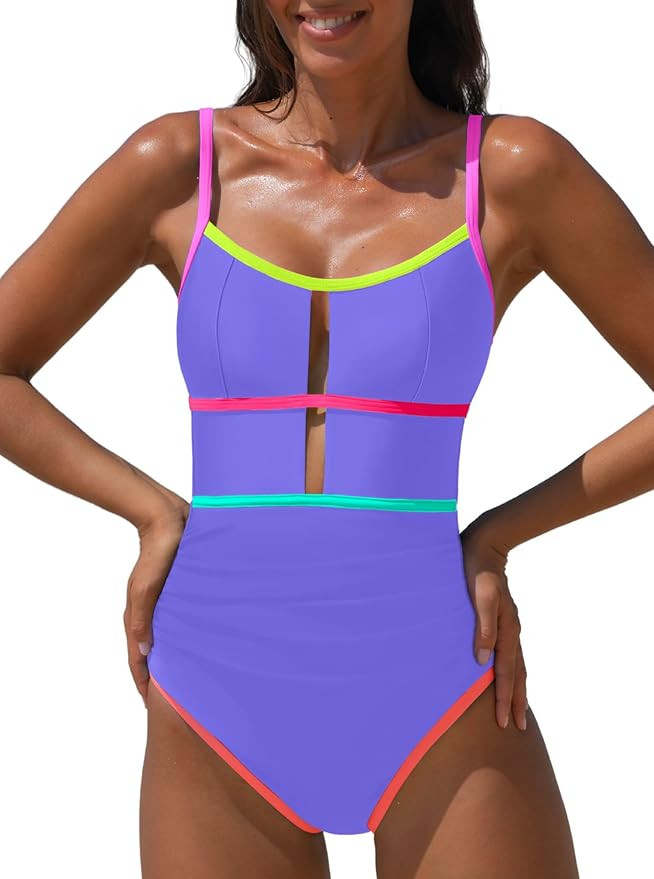popvil Women One Piece Swimsuit 2026 Sporty Neon Bathing Suit Tummy Control Swim Suit Cut Out Adj... | Amazon (US)
