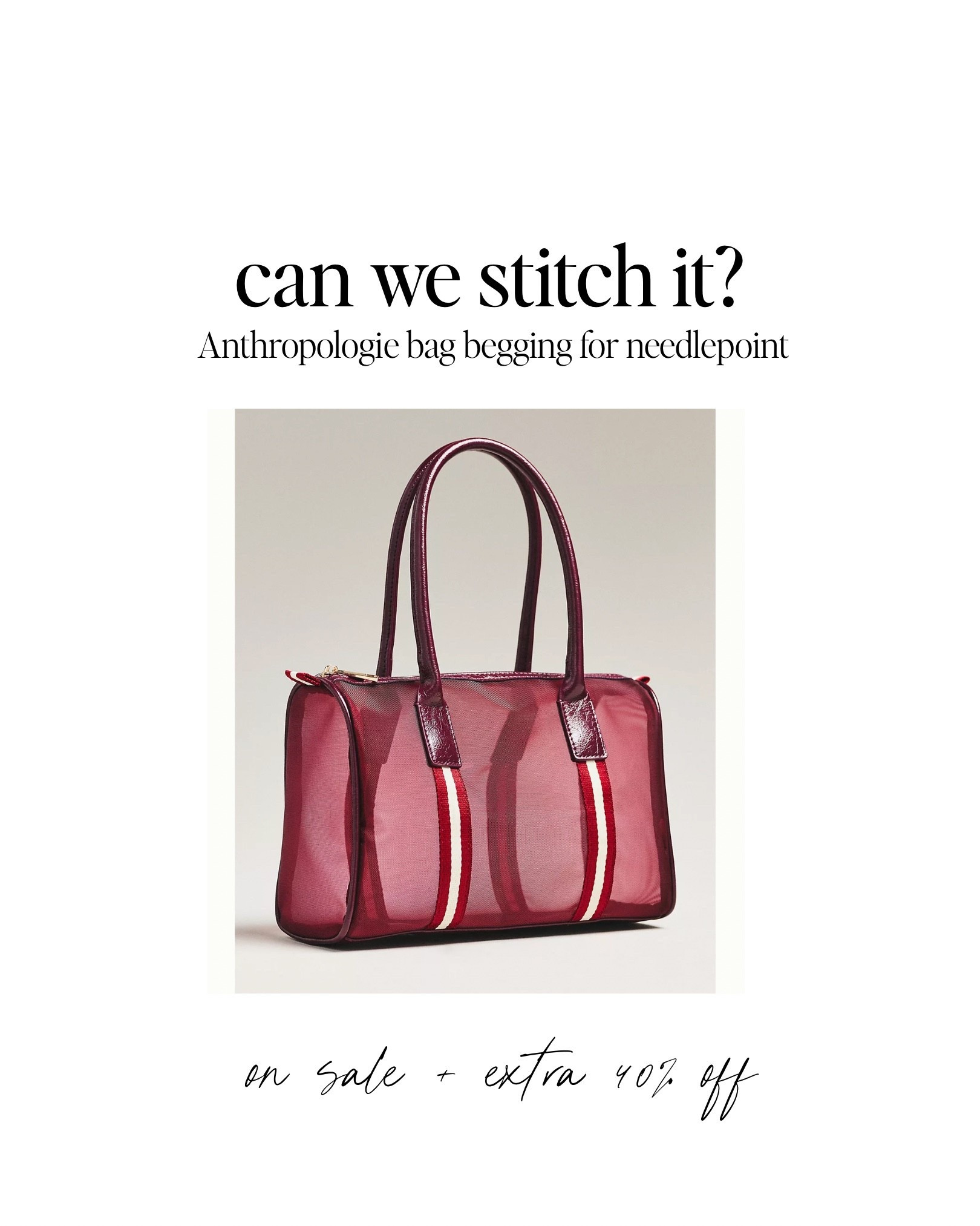 Under $30!!  I'm 100% sure I can stitch little needlepoint cherries or Bargello style stripes on the ends. 

Even if you just add a pretty monogram, this bag is a steal and on sale. 

Needlepoint bags, gifts for needlepoint, NDLPT

#LTKOver40 #LTKGiftGuide #LTKHoliday