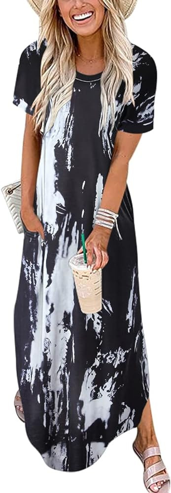ANRABESS Womens Summer Maxi Dress Short Sleeve Casual Loose Long T Shirt Dresses Split Vacation B... | Amazon (US)