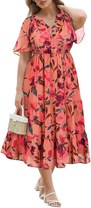 RITERA Plus Size Summer Dresses Short Sleeve V Neck Flowy Midi Dress Chiffon Boho Floral Beach Pa... | Amazon (US)