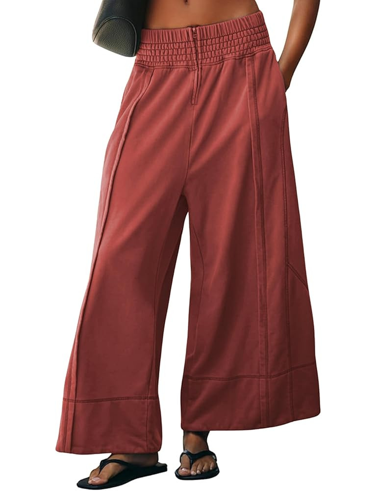 Womens Wide Leg Pants Casual Elastic High Waist Baggy Sweatpants Loose Cotton Lounge Palazzo Trou... | Amazon (US)