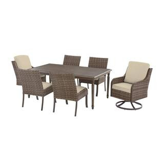 Hampton Bay Windsor 7-Piece Brown Wicker Rectangular Outdoor Dining Set with CushionGuard Biscuit... | The Home Depot