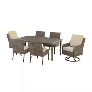 Hampton Bay Windsor 7-Piece Brown Wicker Rectangular Outdoor Dining Set with CushionGuard Biscuit... | The Home Depot