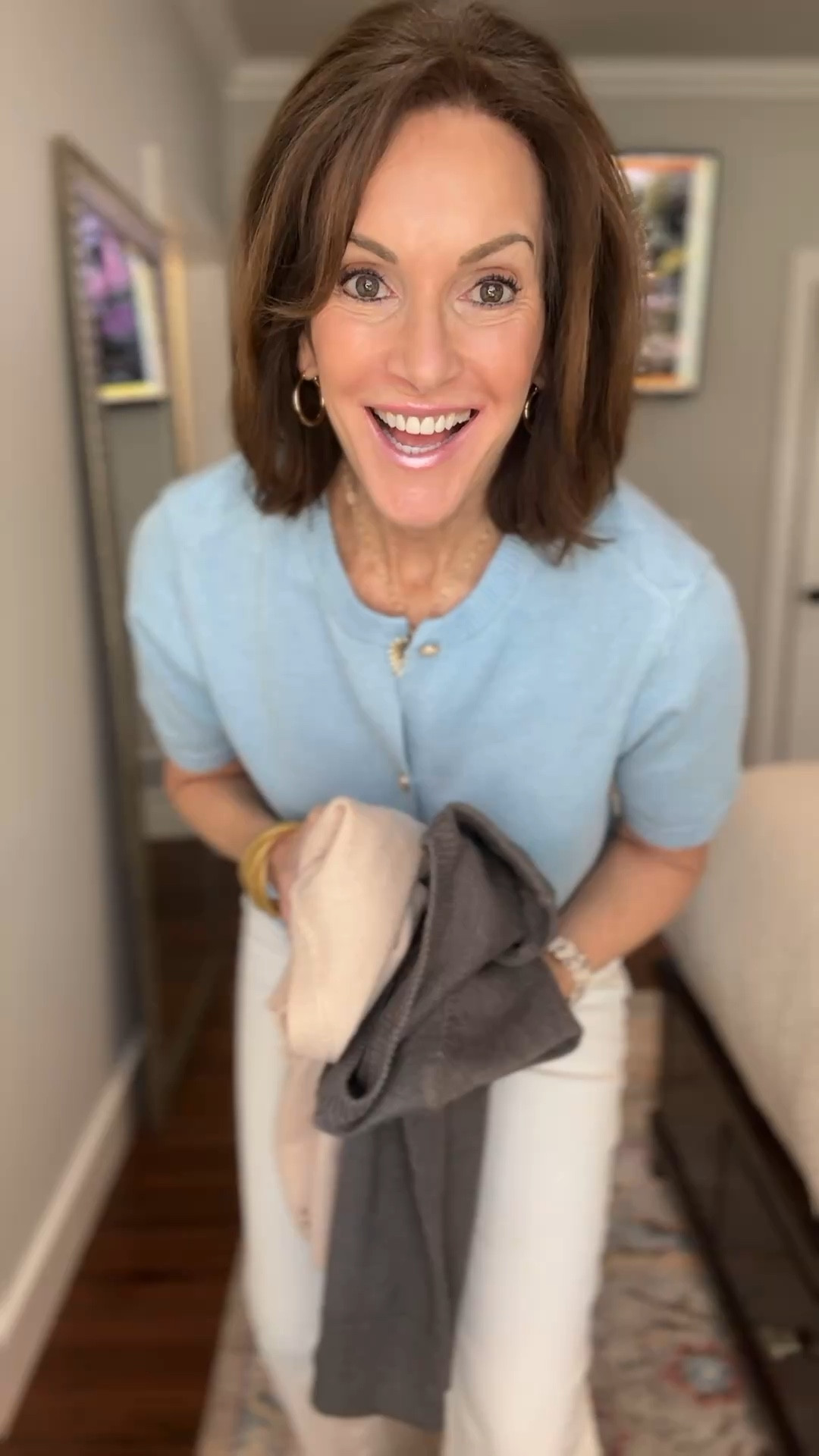 Short sleeve cardigan - L
Super soft and the button detail is so good!!!! It’s not cropped like the brand pic shows. 

Cropped Jacket - L (runs small)
Barn Jacket -L (I could wear a medium)

Raw hem crop wide leg - 29 Tall
These have vintage stretch and are super comfortable 

#LTKWatchNow #LTKTravel #LTKStyleTip