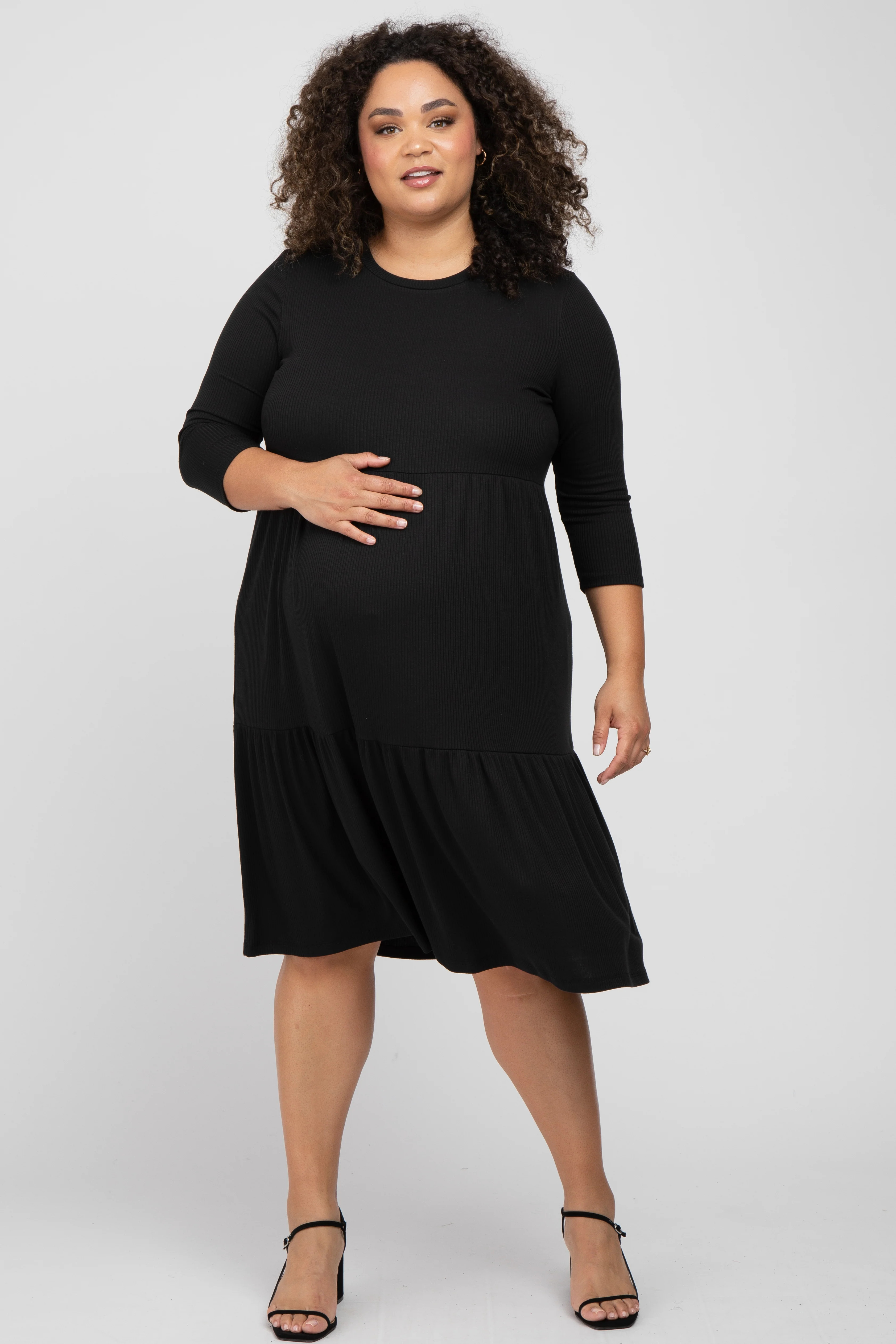 Black Tiered Ribbed 3/4 Sleeve Plus Maternity Midi Dress | PinkBlush Maternity