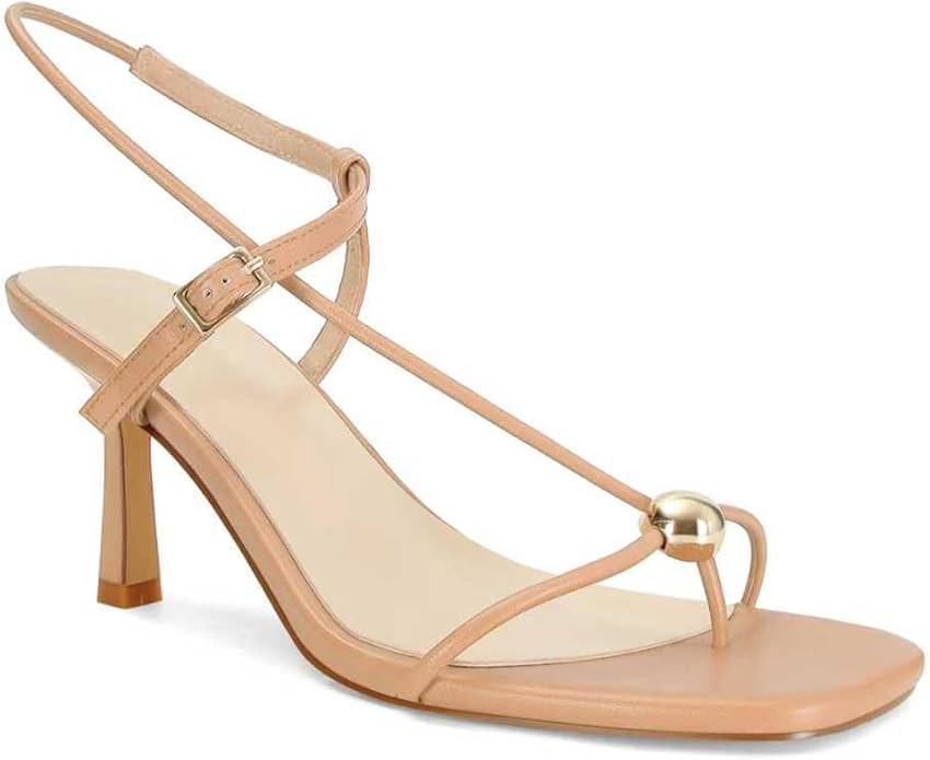 Strappy Heels for Women Square Toe Slingback Mid-Heel Sandals Dressy Beach Thong Flip Flop Slides... | Amazon (US)