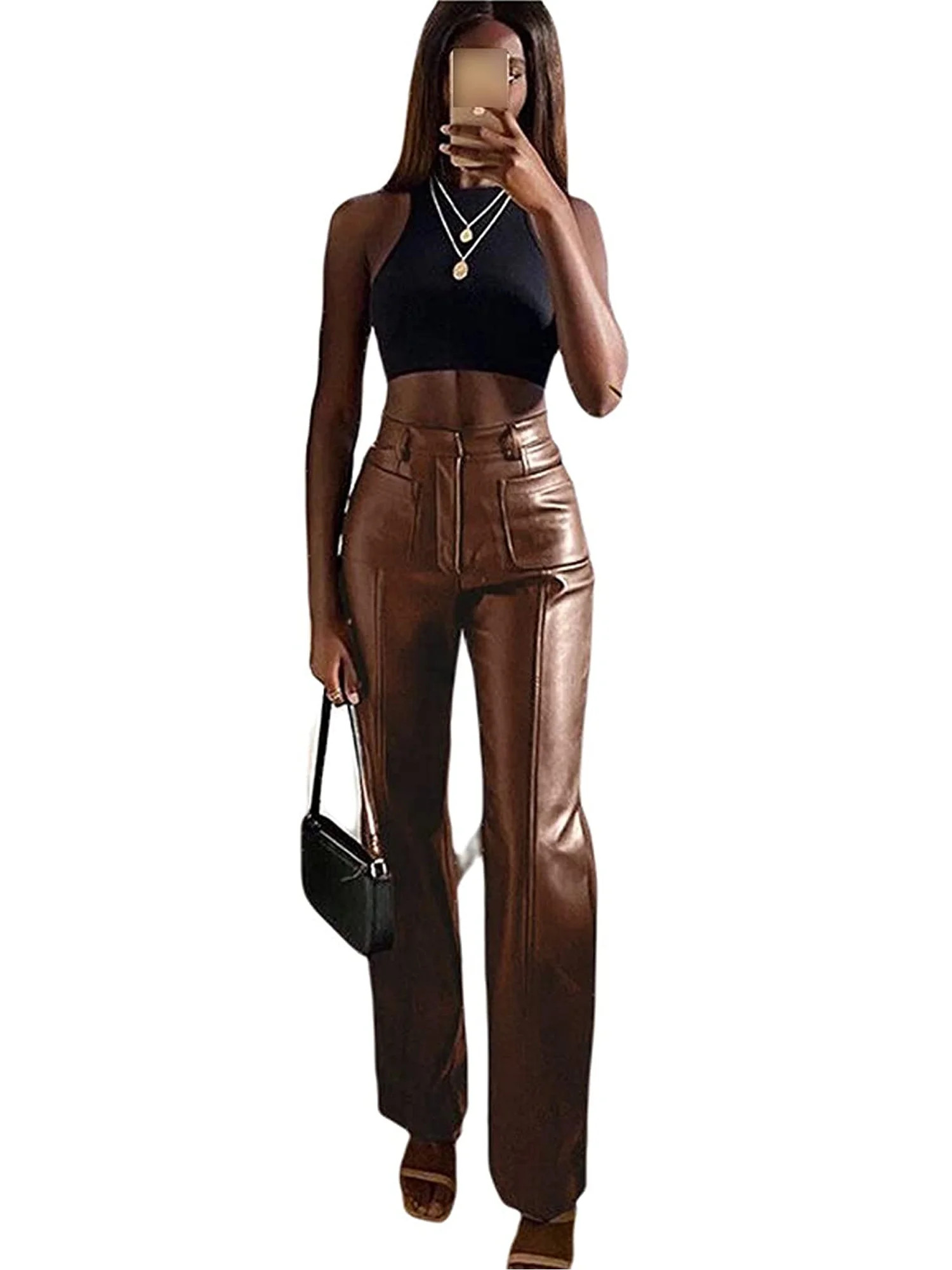 Rteyno Womens Faux Leather Pants High Waist Wide Leg Leggings Club Streetwear - Walmart.com | Walmart (US)