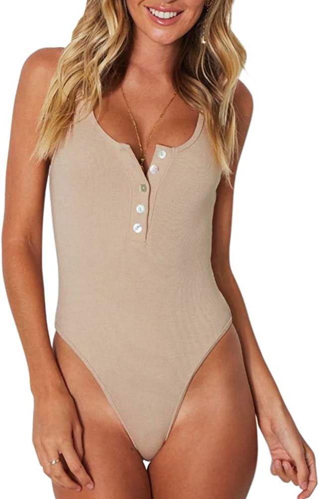 Women's Sexy Scoop Neck Racerback Tank Top Button Down Bodysuits | Amazon (US)