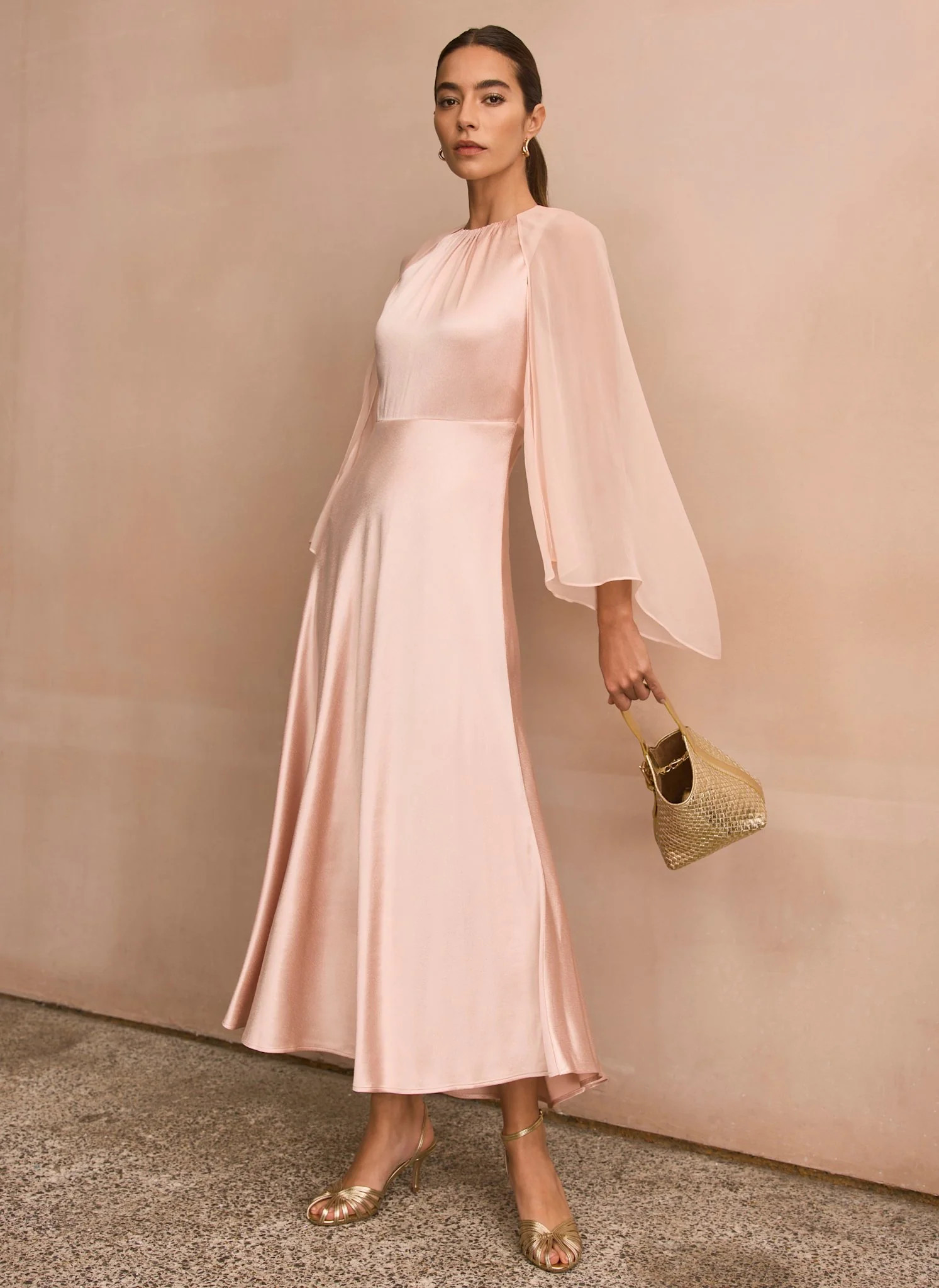 Pink Satin Cape Maxi Dress | Mint Velvet