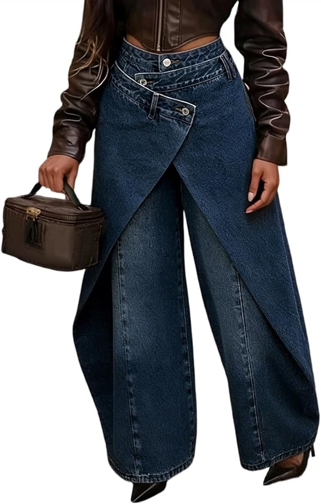 Kwunbwa Women's High Waisted Wide Leg Asymmetrical Pants Wrap Trousers | Amazon (US)