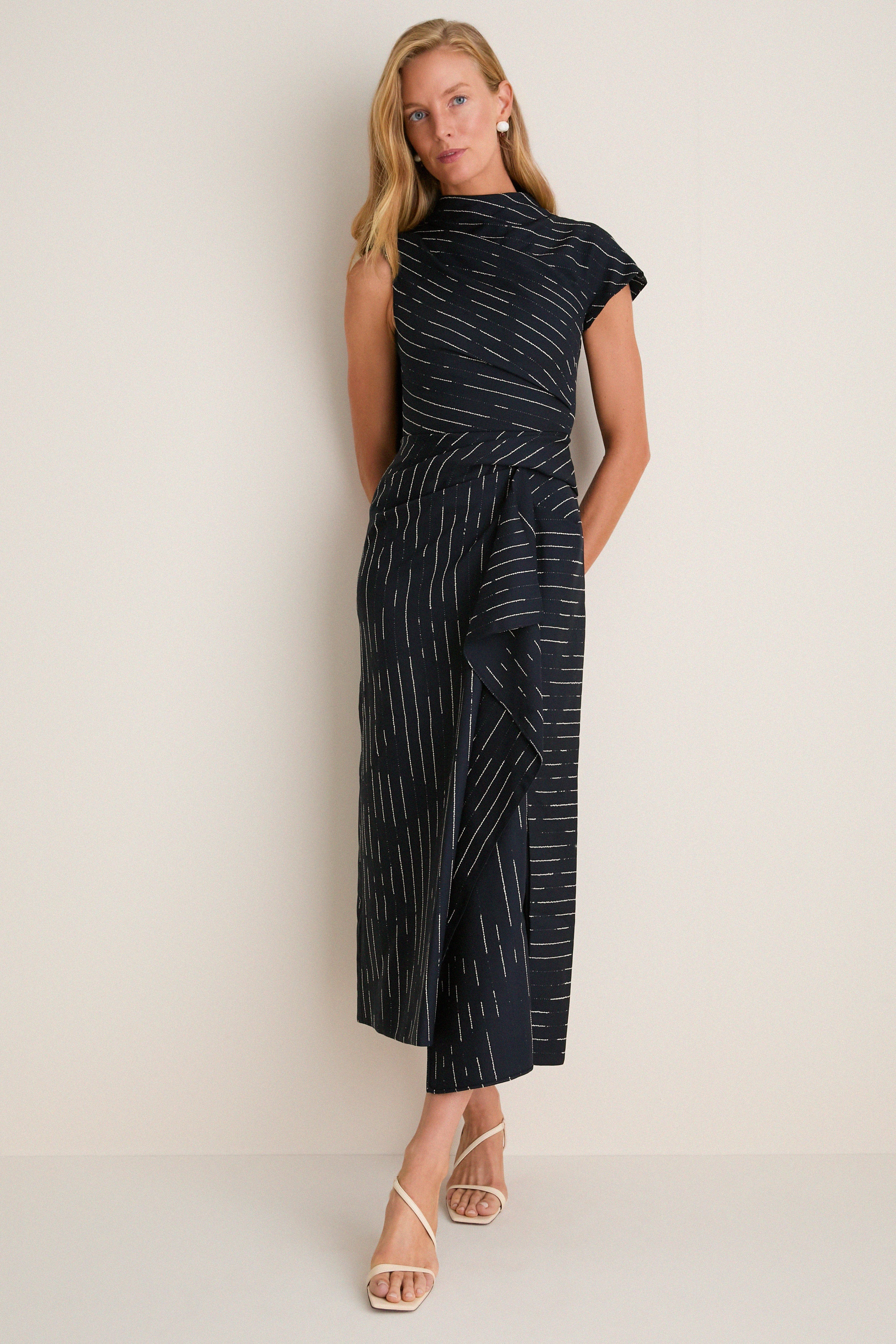 Dark Navy Stripe Tailoring Draped Midi Dress | Tuckernuck (US)